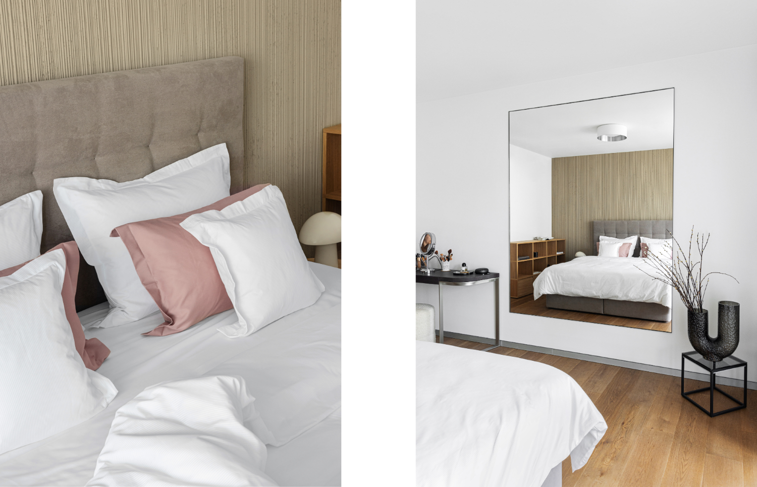 An open and bright space befits a massive bed featuring six pillows.